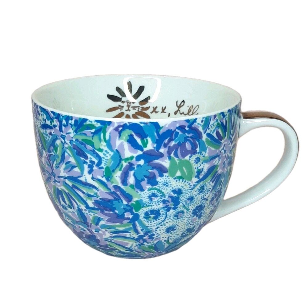 Lilly Pulitzer Coffee Mug Blue Gold Trim Floral Hidden Lions
